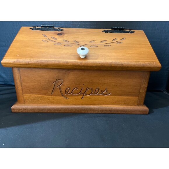 Solid Pine Recipe Box 1” Thick Wood Hinged Lid with Black Iron Hinges - Picture 2 of 11